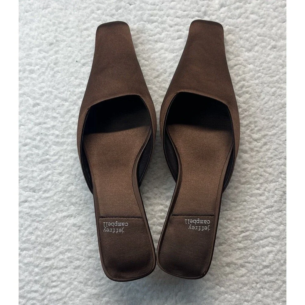 Jeffrey Campbell Heels Womens 8 Brown Satin Esmerelda Square Mules Kitten Heel
